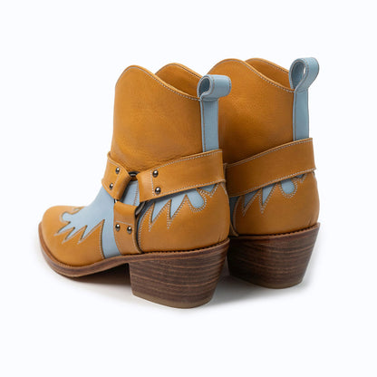 Yellow & Blue Pointed Toe Studded Ankle Cowgirl Boots for Women