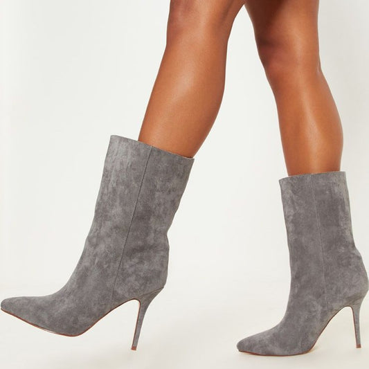 Grey Vegan Suede Pointy Toe Stiletto Heel Mid Calf Boots