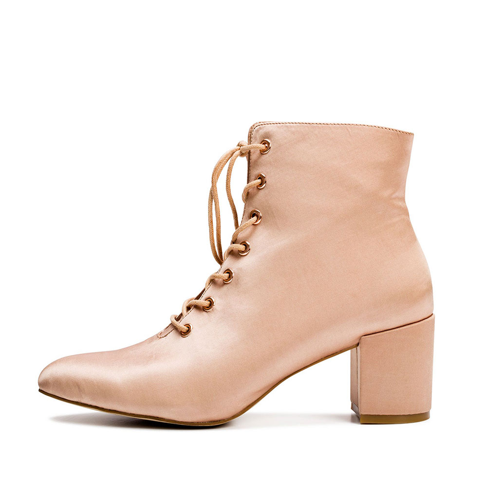 Beige Vegan Leather Pointed Toe Chunky Heel Lace-Up Ankle Boots