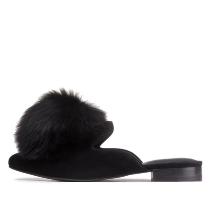 Women's Black Vegan Suede Faux Fur Mule Loafers for Women