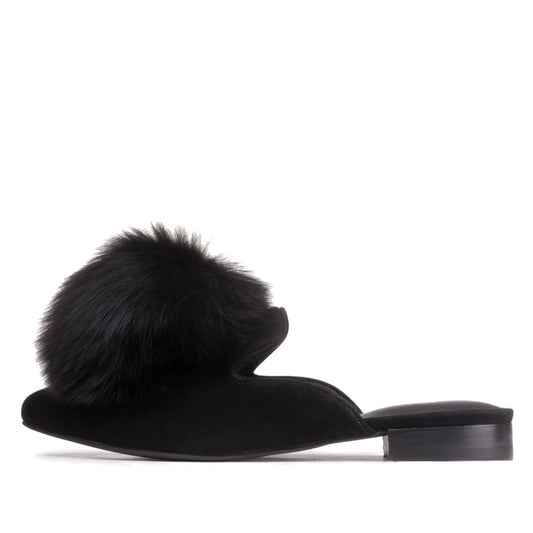 Women's Black Vegan Suede Faux Fur Mule Loafers for Women