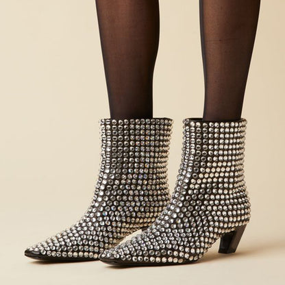 Women's Sparkly Rhinestone Embellished Chunky Heel Ankle Boots
