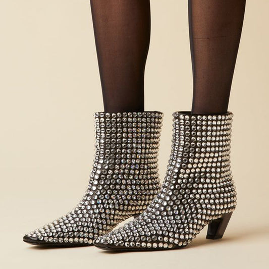 Women's Sparkly Rhinestone Embellished Chunky Heel Ankle Boots