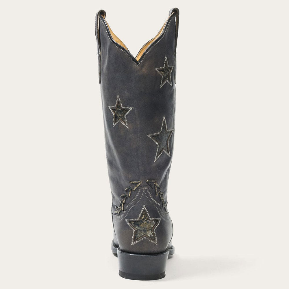 Distressed Black Snip Toe Stitching Star Inlay Mid-Calf Cowgirl Boots