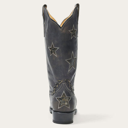 Distressed Black Snip Toe Stitching Star Inlay Mid-Calf Cowgirl Boots