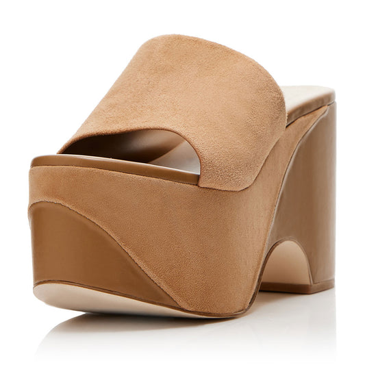 Women's Khaki Vegan Suede Open Toe Wedge Platform Mules