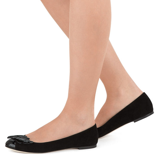 Women's Black Round Toe Low Cut Wings Decorated Flats