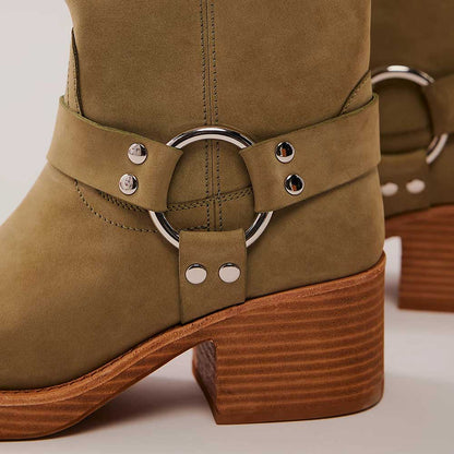 Olive Buckle Square Toe Chunky Heel Platform Zipper Mid Calf Boots