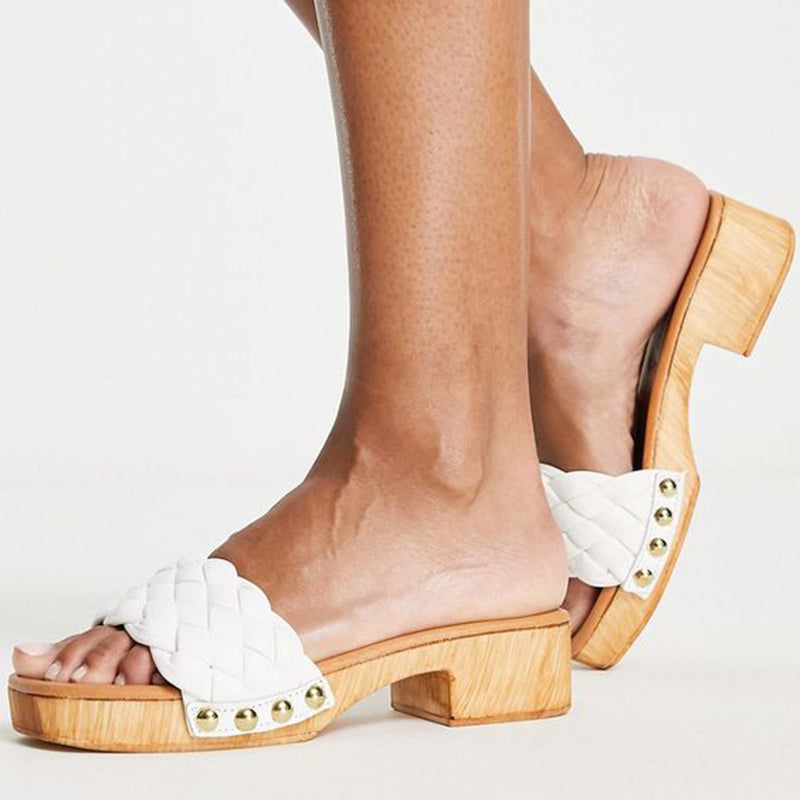 White Heeled Clogs Women's Square Toe Woven Strap Platform Mules