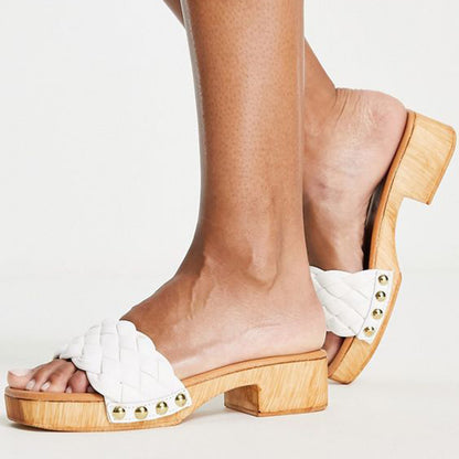 White Heeled Clogs Women's Square Toe Woven Strap Platform Mules
