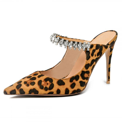 Women's Leopard Print Pointed Toe Rhinestone Strap High Heel Mules