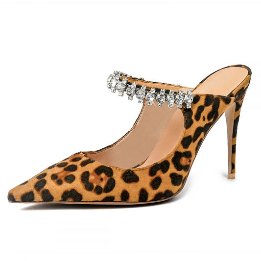 Women's Leopard Print Pointed Toe Rhinestone Strap High Heel Mules