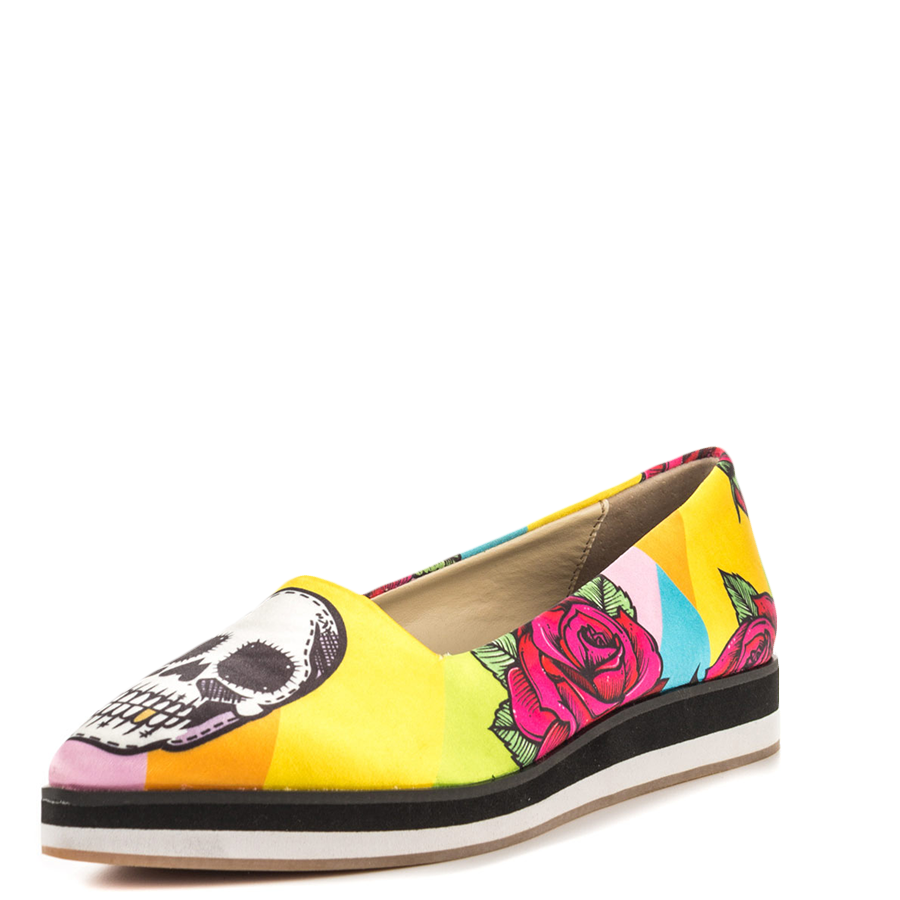 Multicolor Skull & Flower Print Pointed Toe Casual Flats for Women
