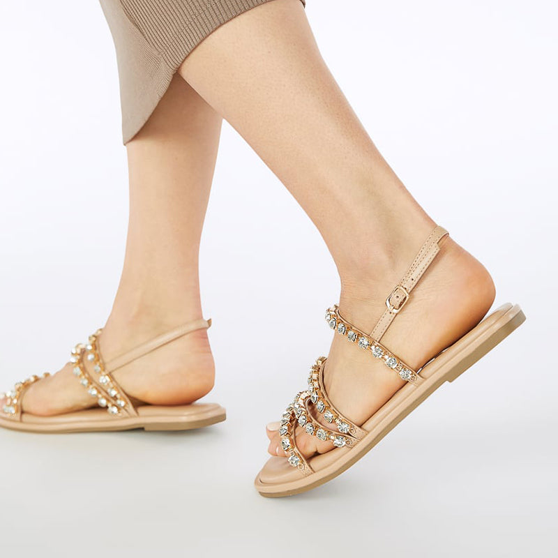 Nude Patent Square Toe Buckle Sandals Rhinestones Summer Flats