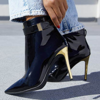Black Patent Leather Front Zipper Stiletto Heel Ankle Boots