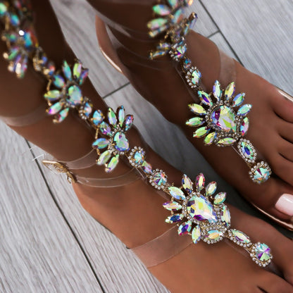 Multicolor Rhinestone Transparent Strappy Flats Gladiator Sandals