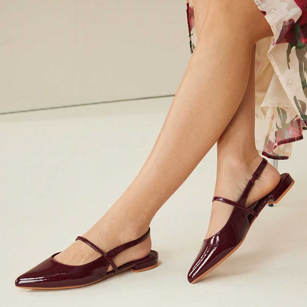 Burgundy Patent Leather Pointed Toe Flats Slingback Shoes for Women