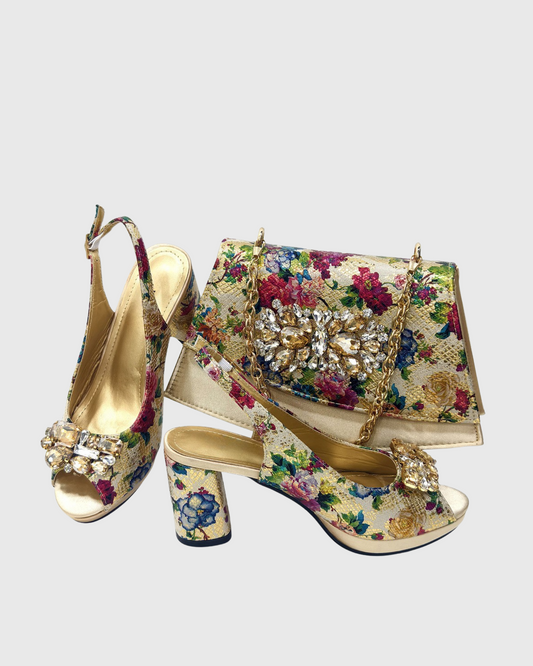 Esme Vintage Pattern Rhinestone Shoes & Bags Set In Gold