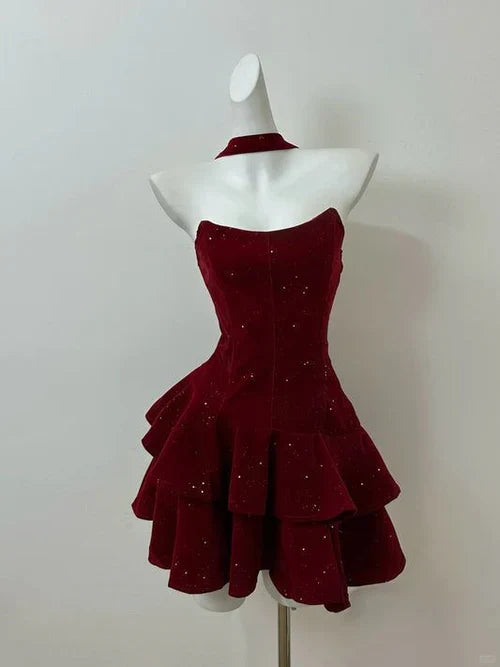 Vintage Burgundy Shiny Beaded A-Line Strapless Homecoming Dress Party Dress Cocktail Dress TP4701