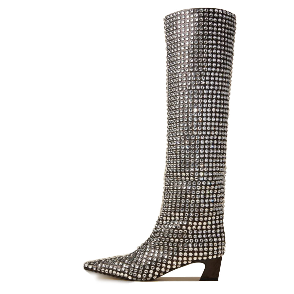 Stylish Rhinestone Embellished Chunky Heel Knee High Boots in Black