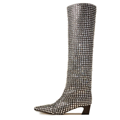 Stylish Rhinestone Embellished Chunky Heel Knee High Boots in Black