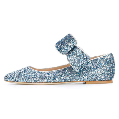Blue Glitter Bow Pointy Toe Comfortable Flats