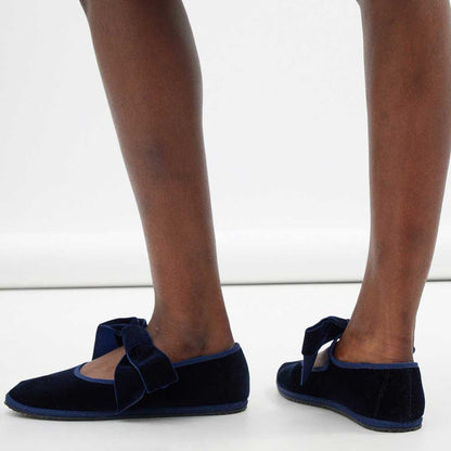 Women's Navy Blue Velvet Round Toe Bow Inlay Mary Jane Flats