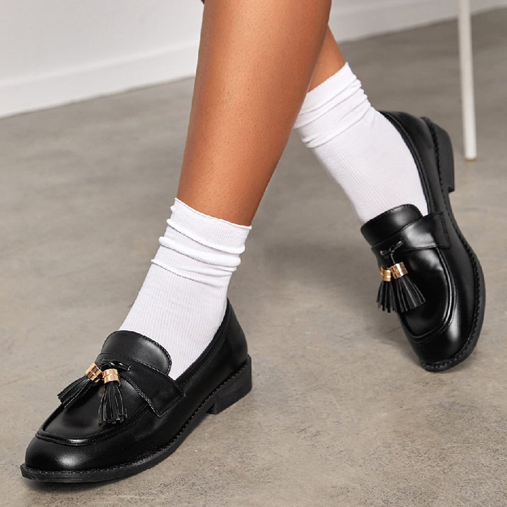 Classic Black Round Toe Tassels Decor Flat School Women's Loafers
