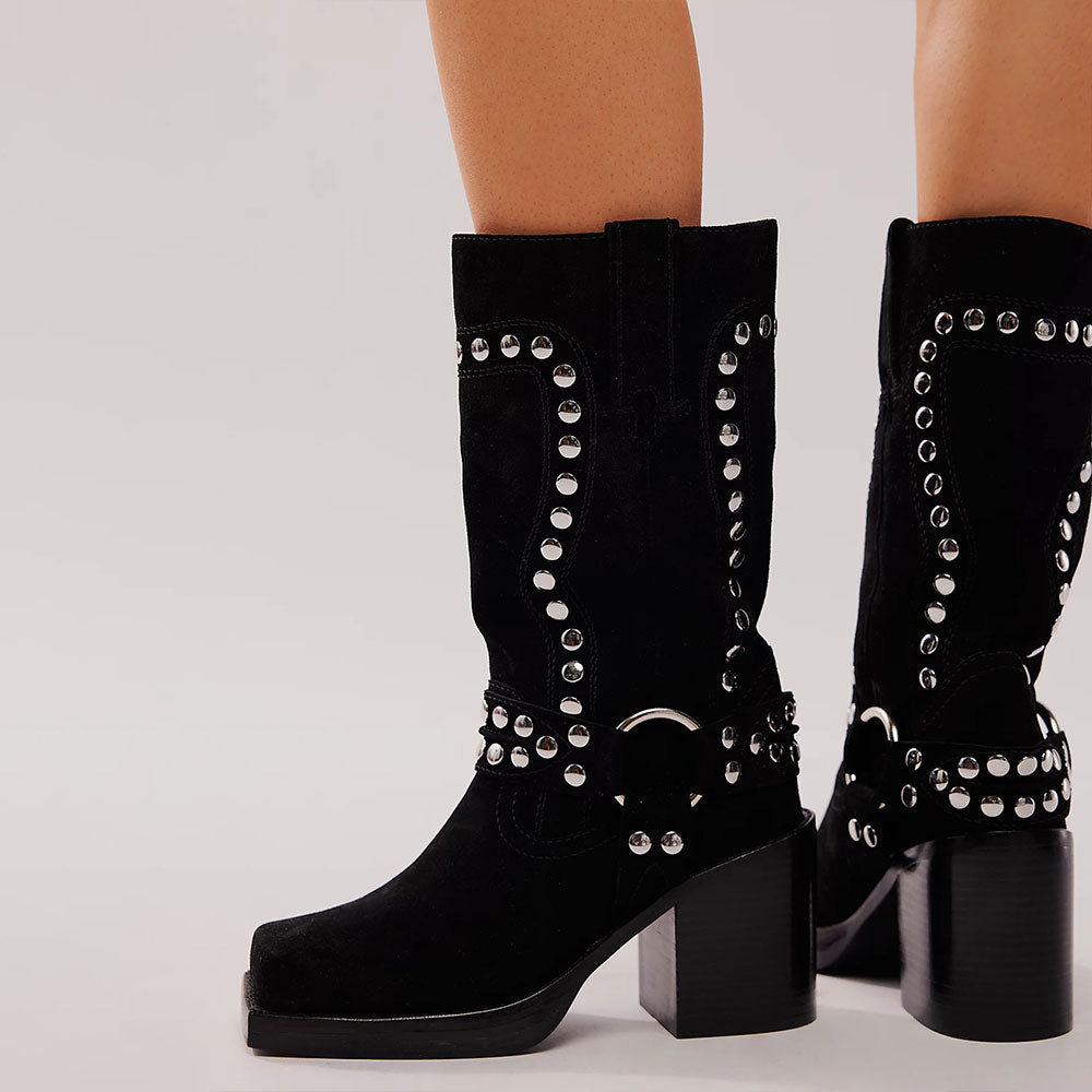 Black Square Toe Studded Buckle Platform Block Heel Mid Calf Boots