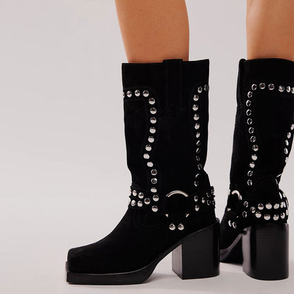 Black Square Toe Studded Buckle Platform Block Heel Mid Calf Boots