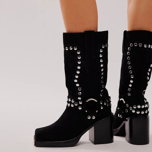 Black Square Toe Studded Buckle Platform Block Heel Mid Calf Boots