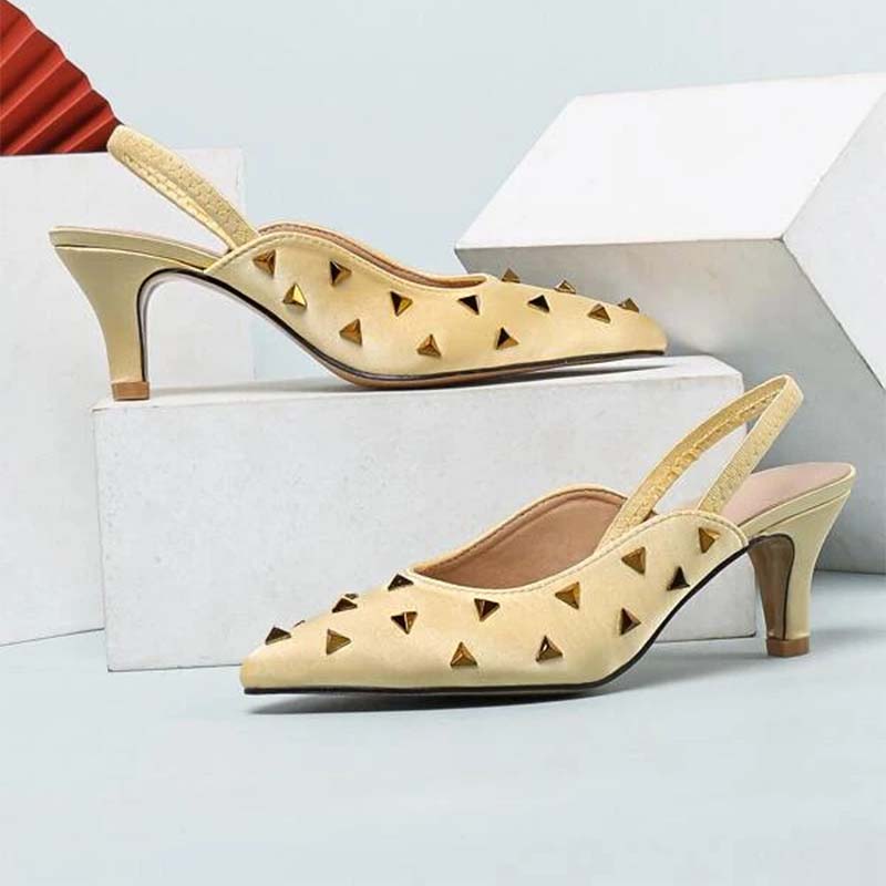 Yellow Satin Slingback Pumps Pointed Toe Rivets Kitten Heels for Women
