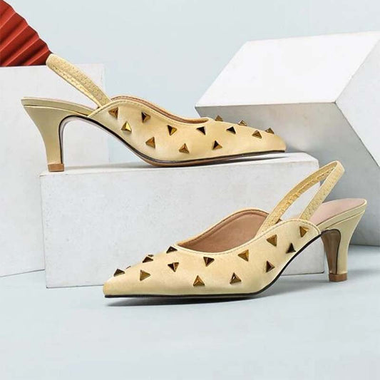 Yellow Satin Slingback Pumps Pointed Toe Rivets Kitten Heels for Women