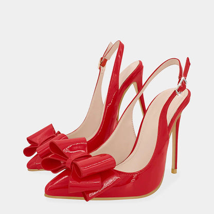 Women's Red Bow Heels Party Pointy Toe Patent Leather Slingback Pumps
