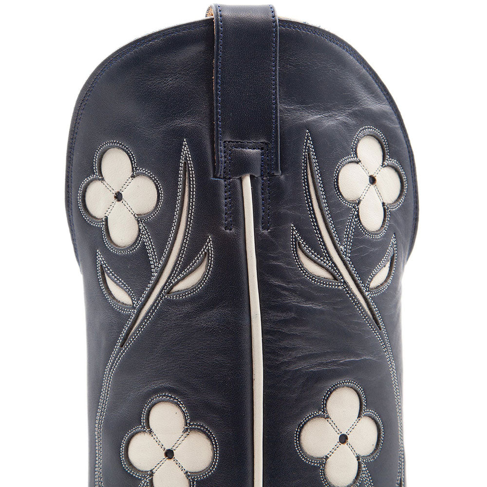 Navy Pointed Toe Stitching Flower Knee High Cowboy Boots for Women