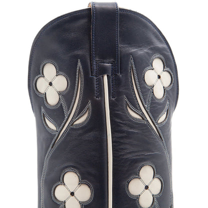 Navy Pointed Toe Stitching Flower Knee High Cowboy Boots for Women