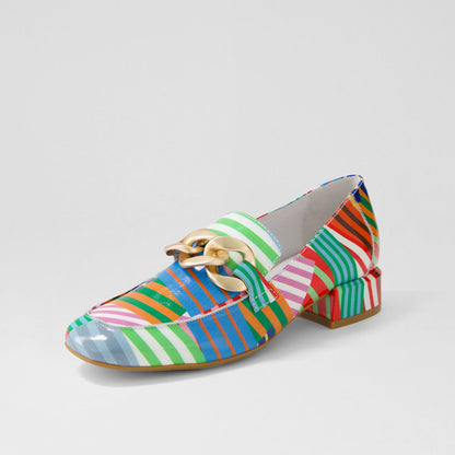 Multicolor Patent Leather Stripe Heeled Loafers with Chunky Chain