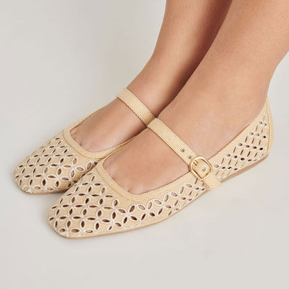 Beige Raffia Woven Square Toe Cut-Out Buckle Strap Ballet Flats
