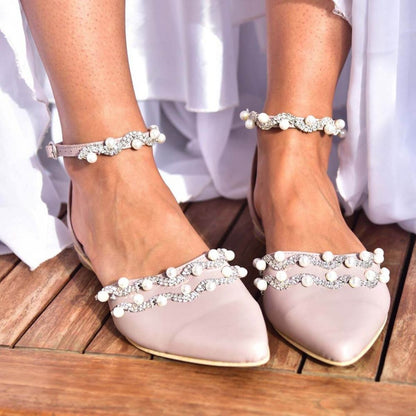 Light Pink Pointed Toe Pearl and Rhinestone Ankle Strap Flats
