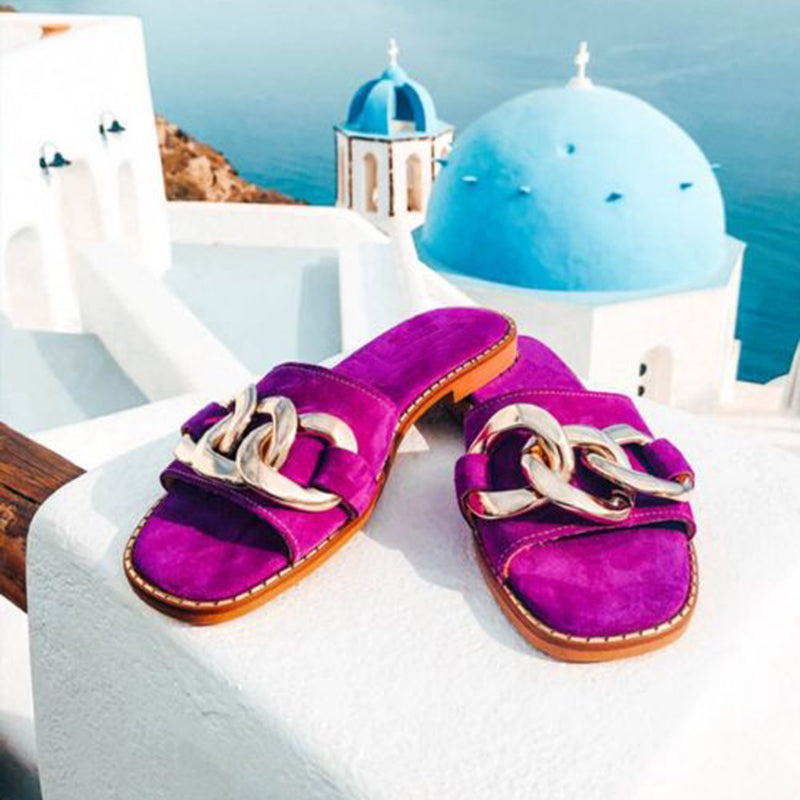 Fuchsia Square Toe Flats Metal Buckle Mules Slides Shoes