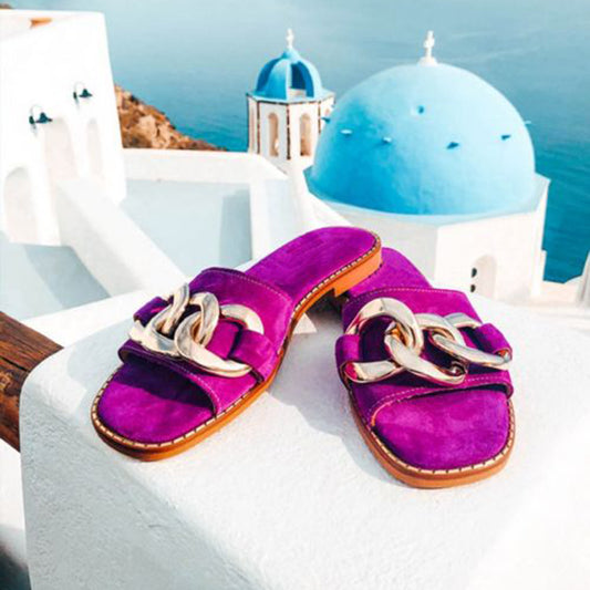 Fuchsia Square Toe Flats Metal Buckle Mules Slides Shoes