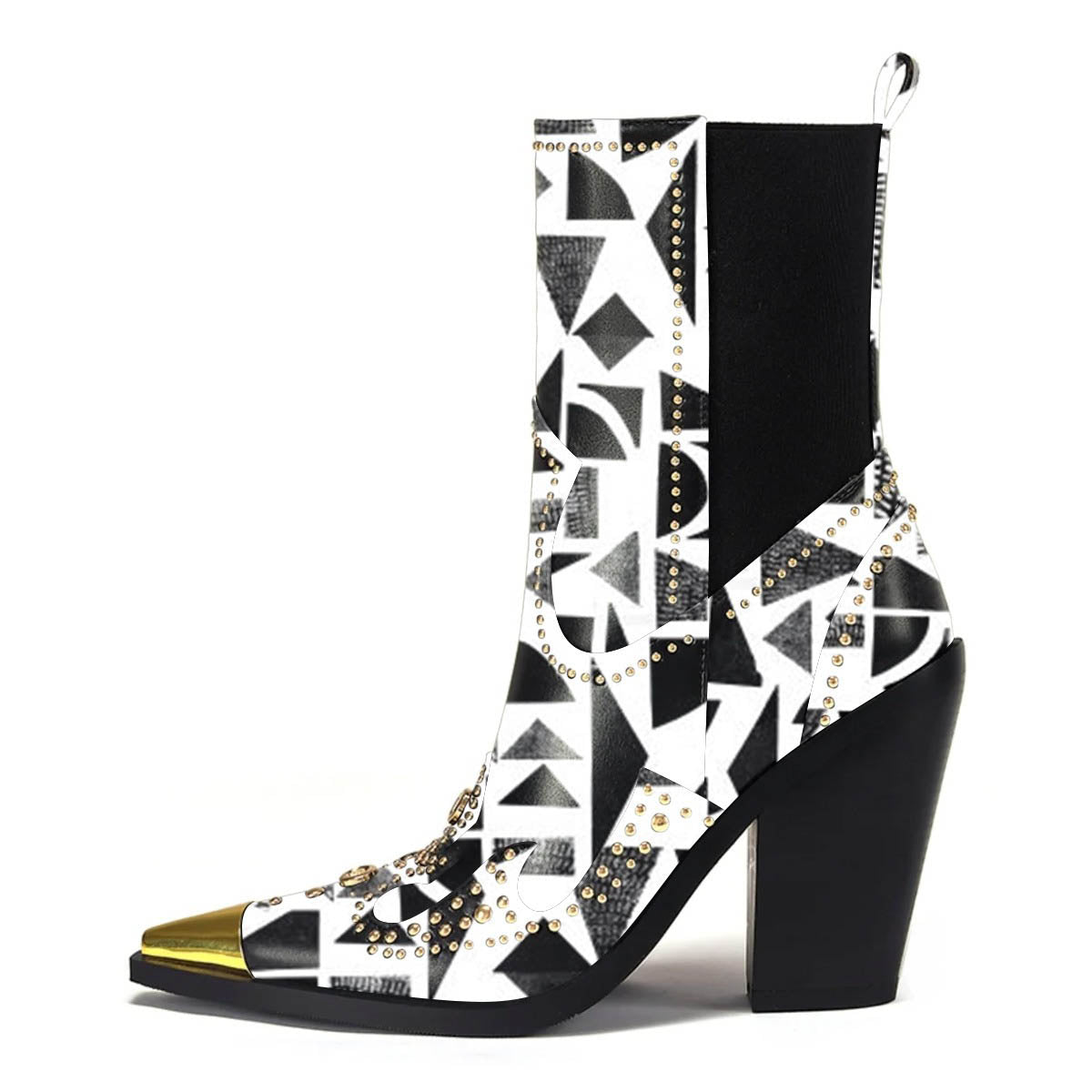 Black and White Geometric Print Block Heel Studded Chelsea Ankle Boots