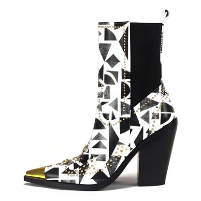 Black and White Geometric Print Block Heel Studded Chelsea Ankle Boots