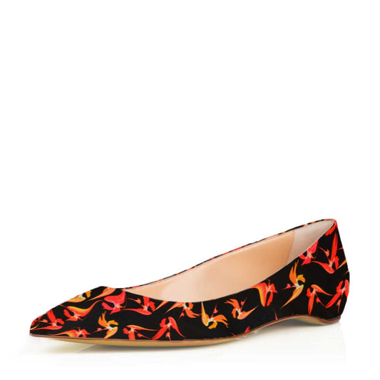 FSJ Women's Floral Print Pointed Toe Flats in Black