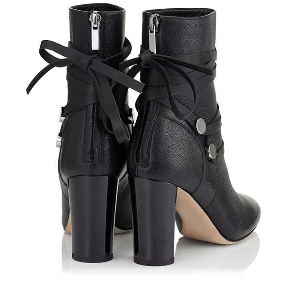 Black Round Toe Decorative Strappy Chunky Heel Ankle Boots