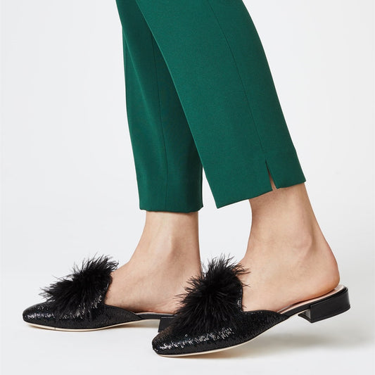 Black Sequin Flats Women's Faux Feather Mule Loafers