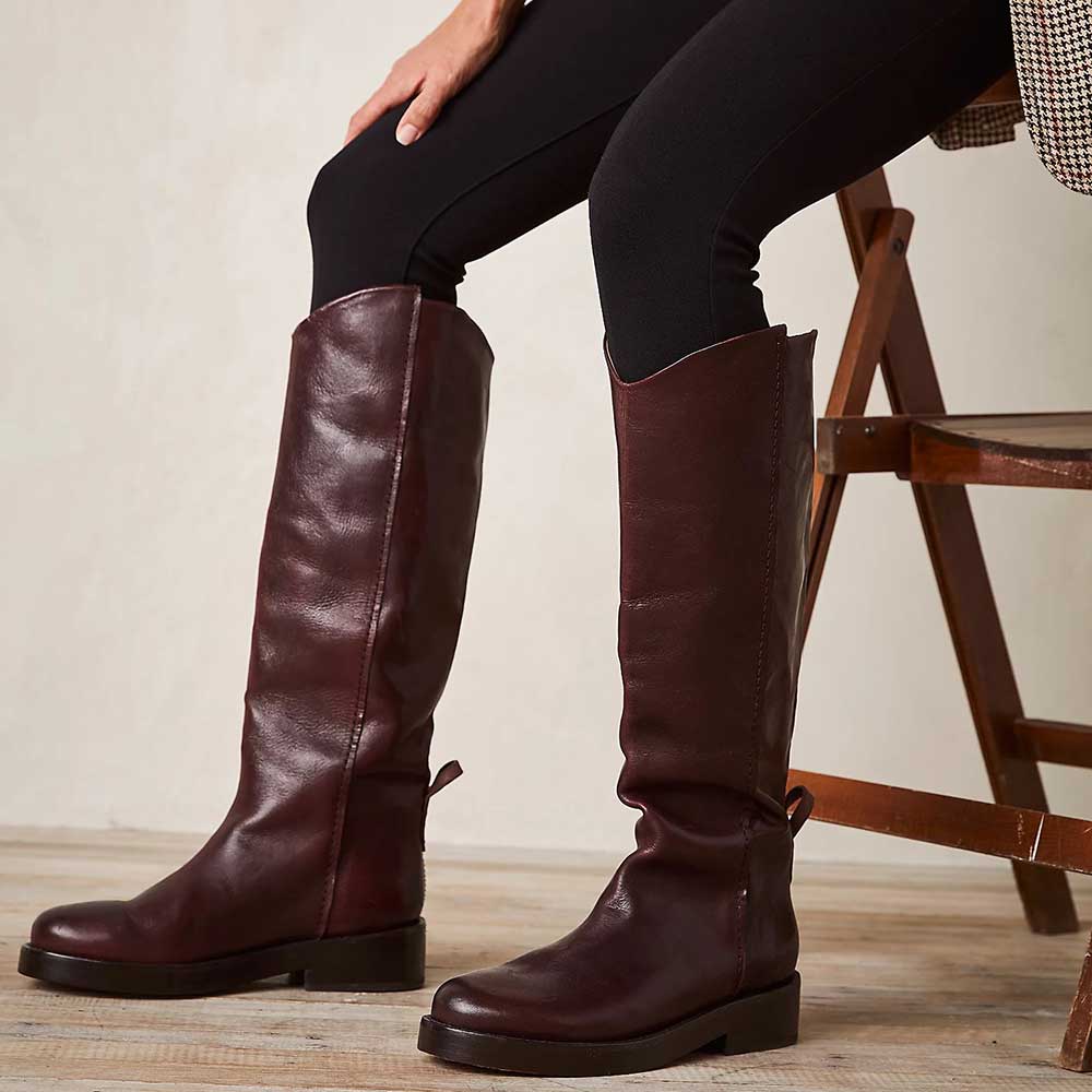 Burgundy Round Toe Pull-On Knee High Boots with Low Chunky Heel