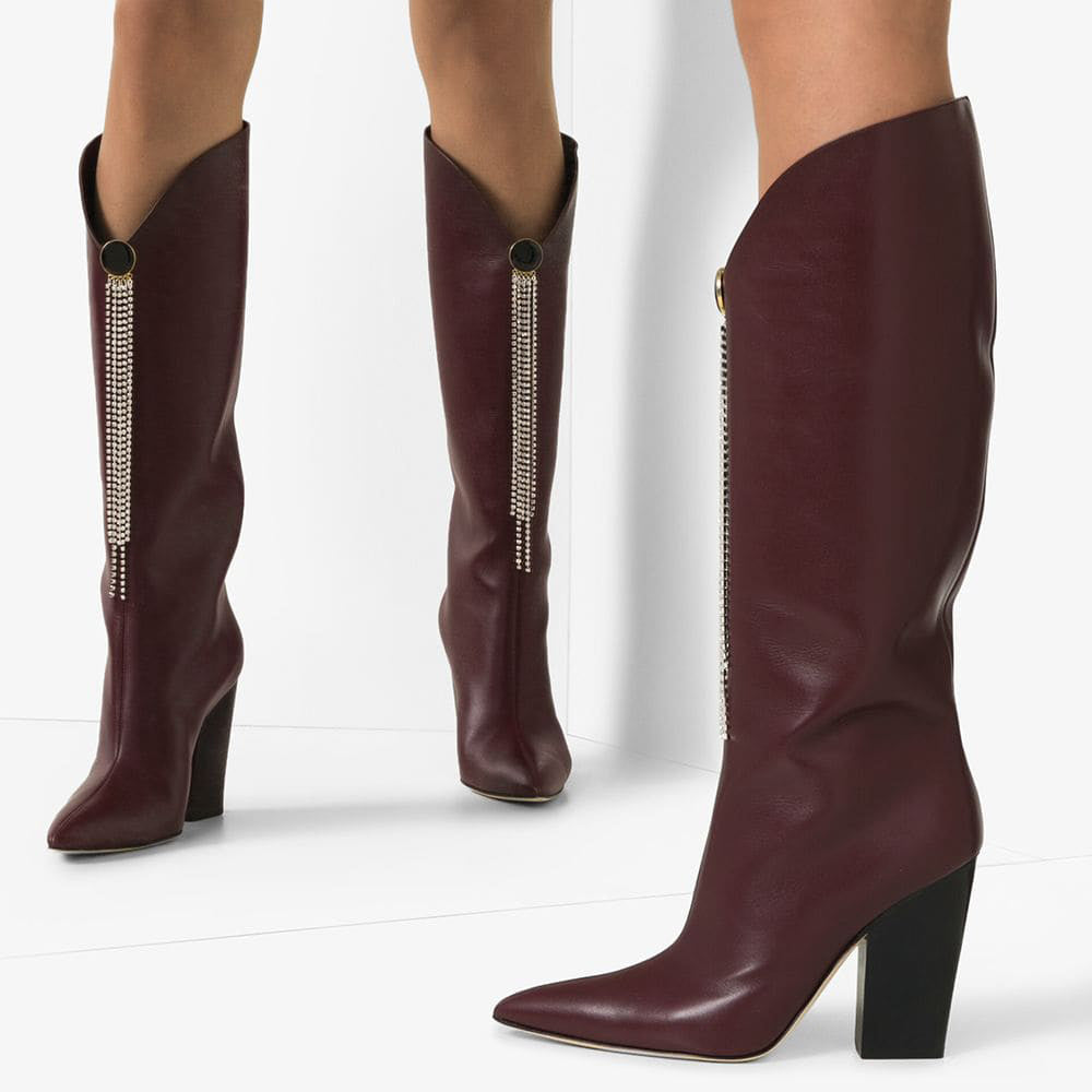 Maroon Rhinestone Chains Block Heel Wide Calf Knee High Boots