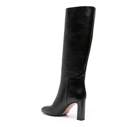 Black Round Toe Chunky Heel Pull-On Knee High Boots for Women