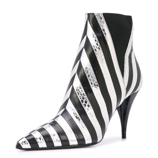 Black and White Stripe Python Cone Heel Ankle Boots